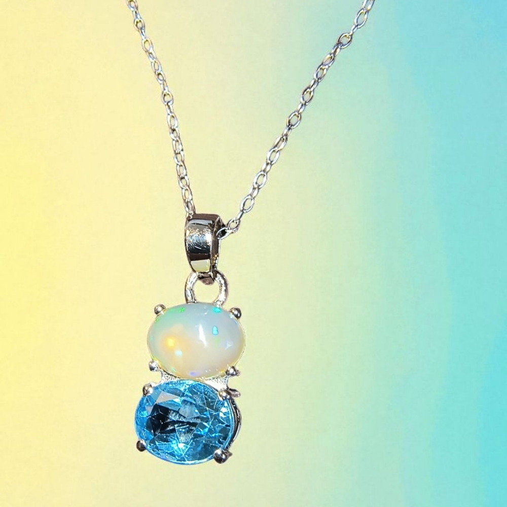 Ethiopian Opal & Blue Topaz Pendant Necklace In Sterling Silver Brand New